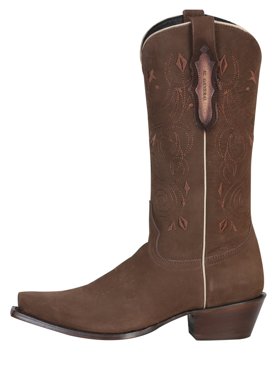 El General Women's Leather Cowgirl Boots - Made in Mexico - Nubuck Camel 34513