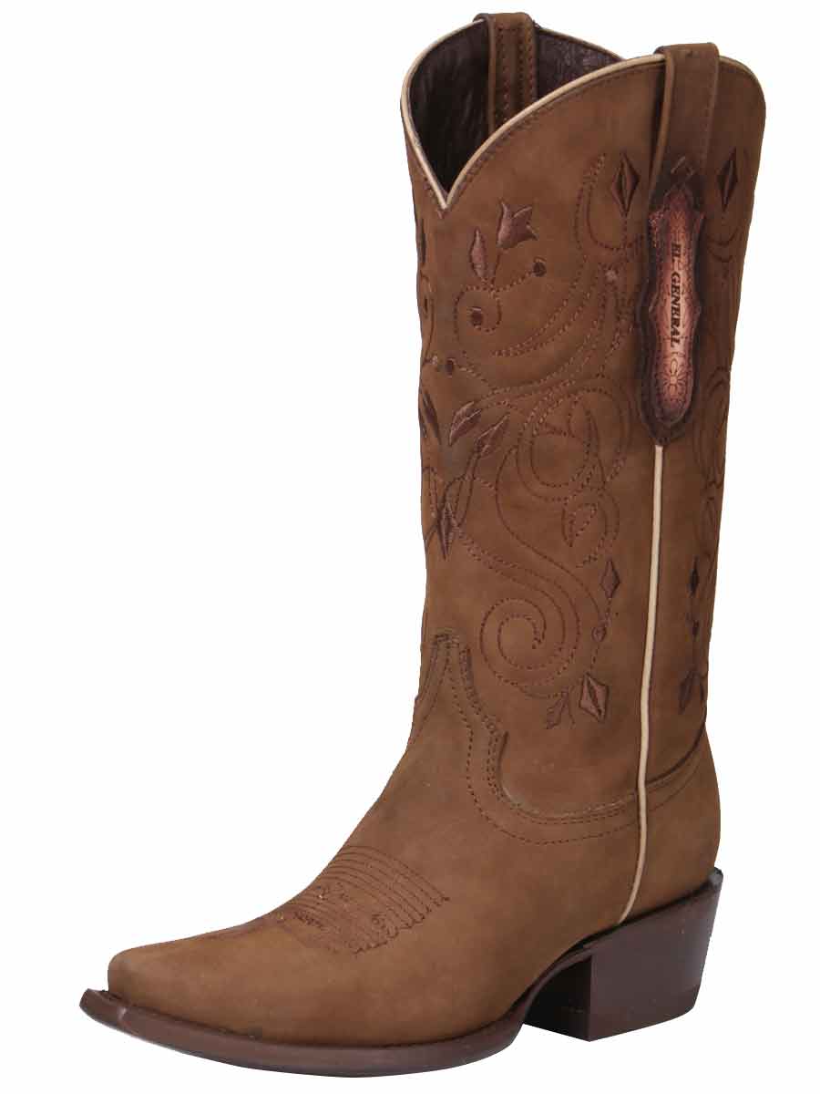 El General Women's Leather Cowgirl Boots - Made in Mexico - Nubuck Camel 34513
