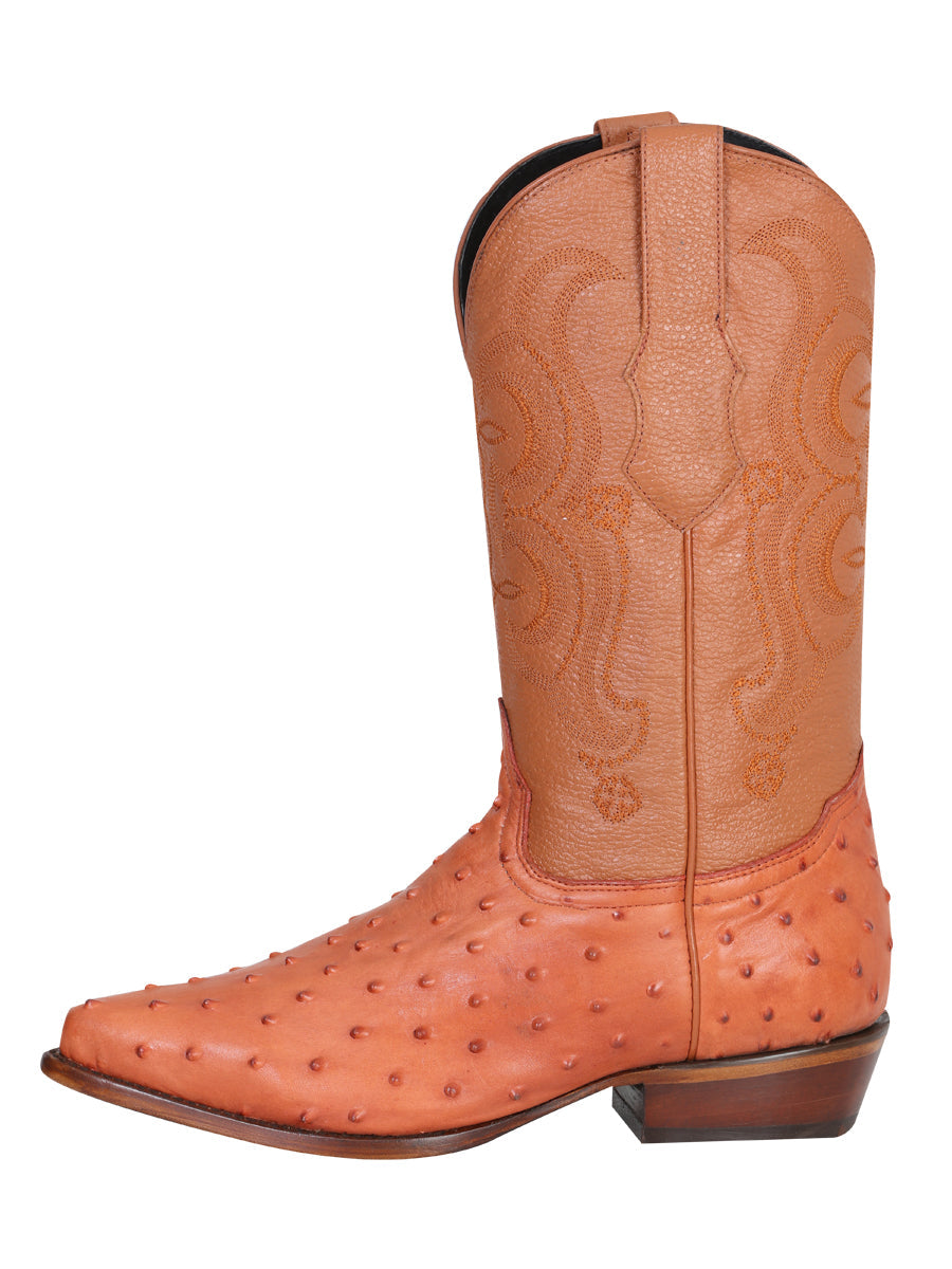 Bota Vaquera de Piel con Punta para Hombre Estampado Imitación Avestruz - Cognac 40835