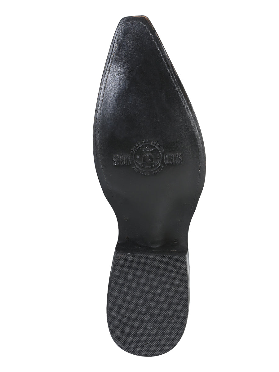Men's Snip Toe Leather Western Cowboy Boot - Embossed Ostrich Print - Black 40848
