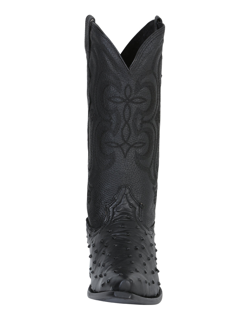 Men's Snip Toe Leather Western Cowboy Boot - Embossed Ostrich Print - Black 40848