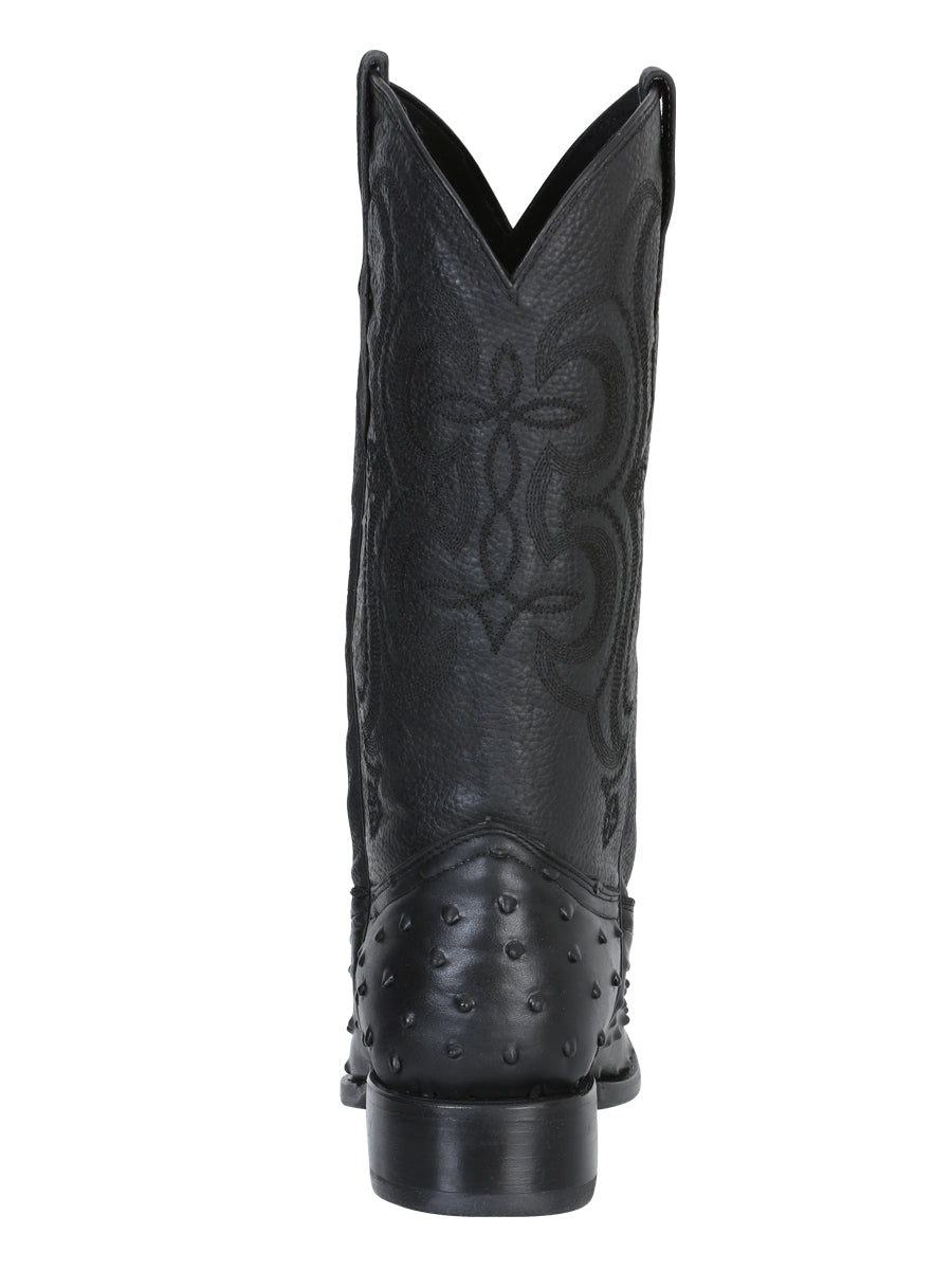Men's Snip Toe Leather Western Cowboy Boot - Embossed Ostrich Print - Black 40848