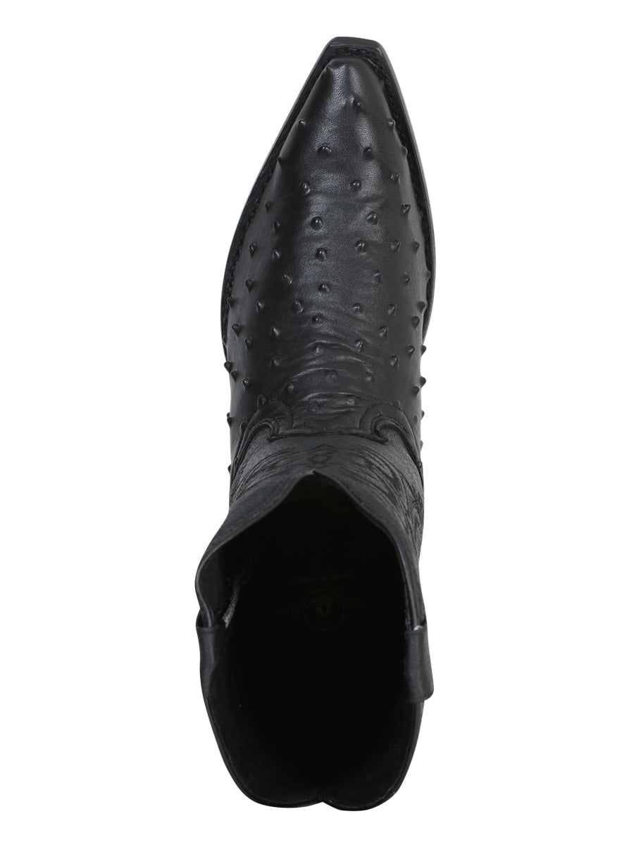 Men's Snip Toe Leather Western Cowboy Boot - Embossed Ostrich Print - Black 40848