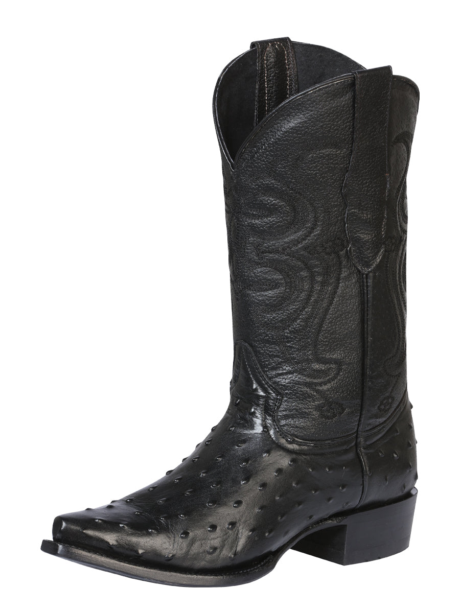 Men's Snip Toe Leather Western Cowboy Boot - Embossed Ostrich Print - Black 40848