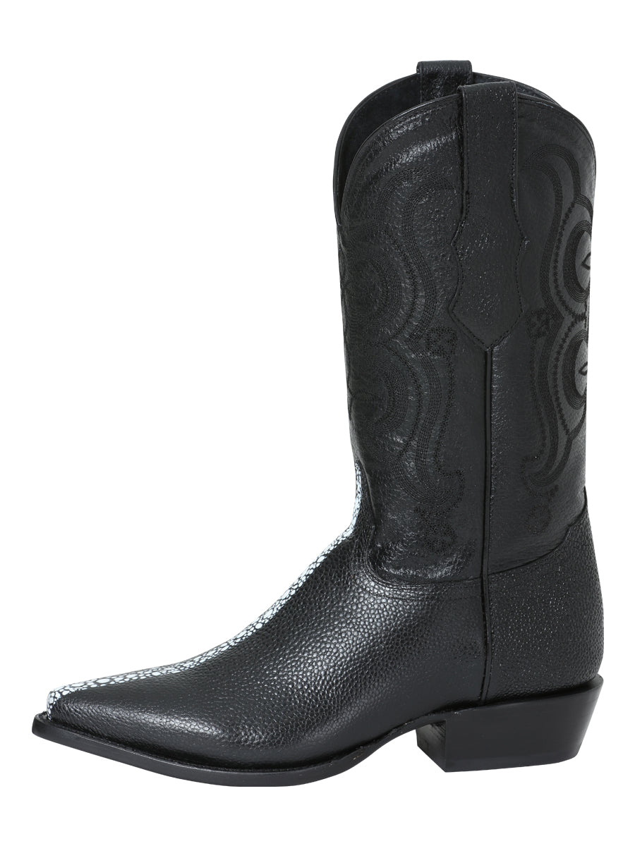 Men's Pointed Toe Leather Cowboy Boots Embossed Stingray Print - Black 41528