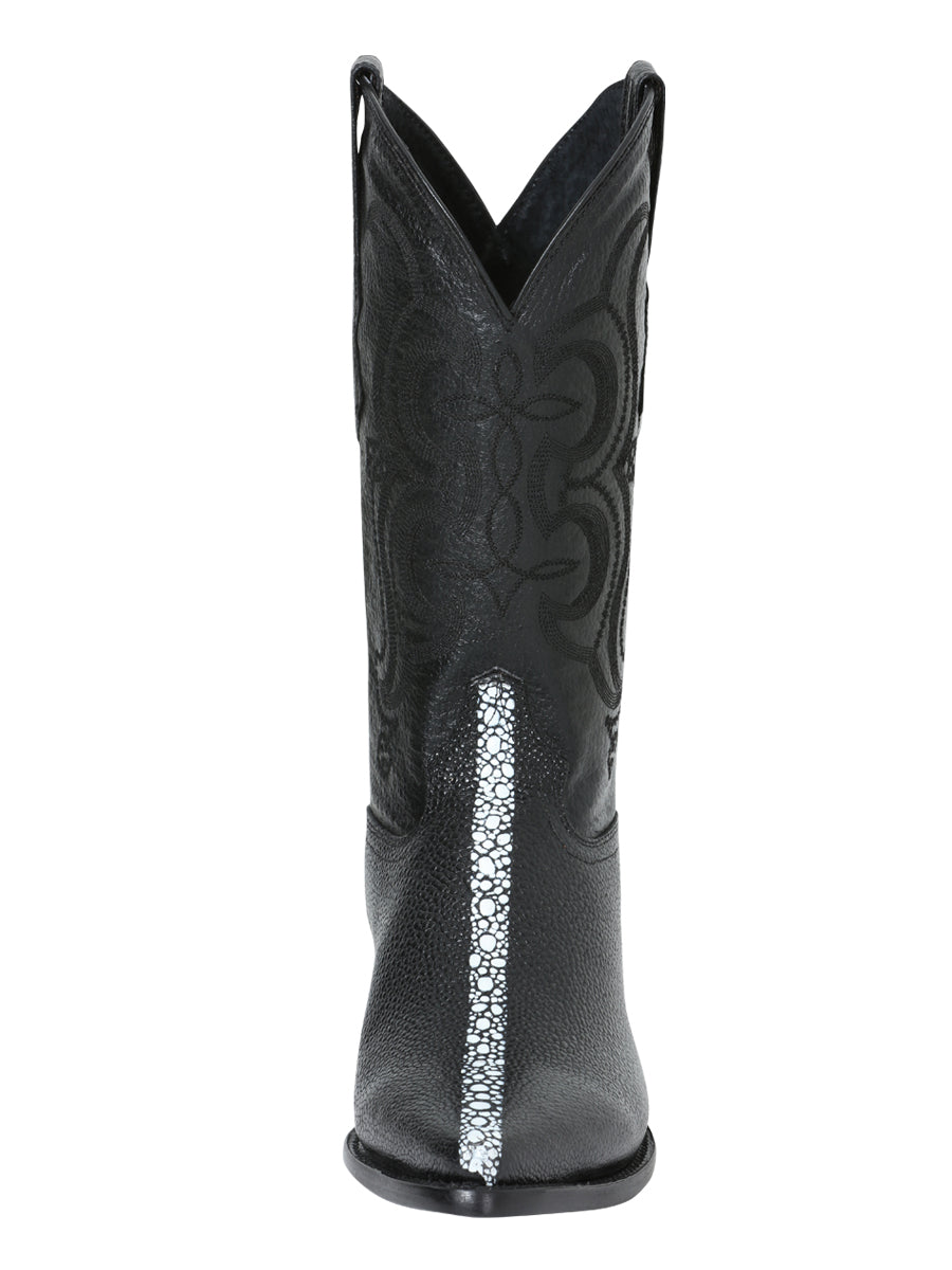 Men's Pointed Toe Leather Cowboy Boots Embossed Stingray Print - Black 41528
