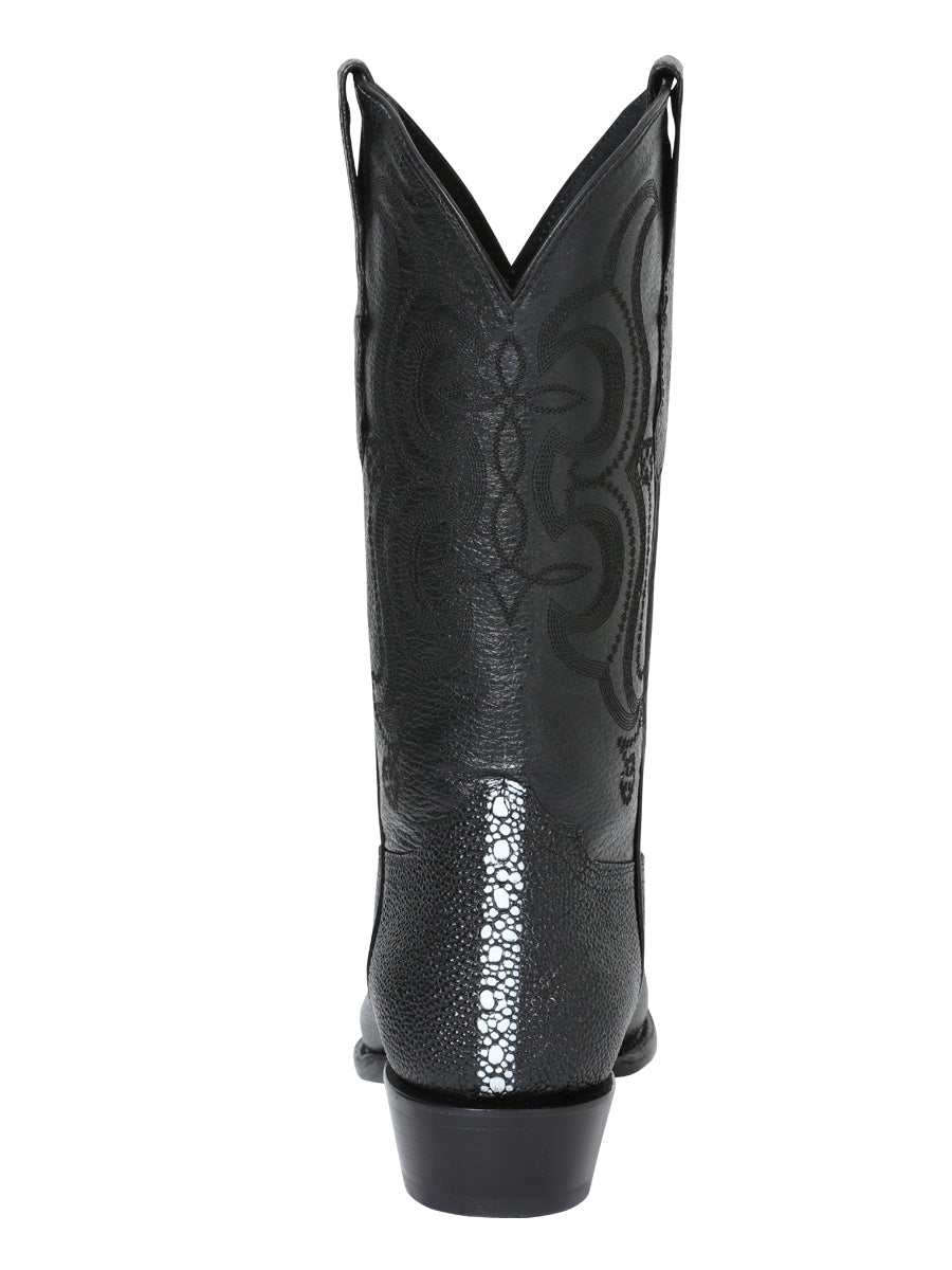 Men's Pointed Toe Leather Cowboy Boots Embossed Stingray Print - Black 41528
