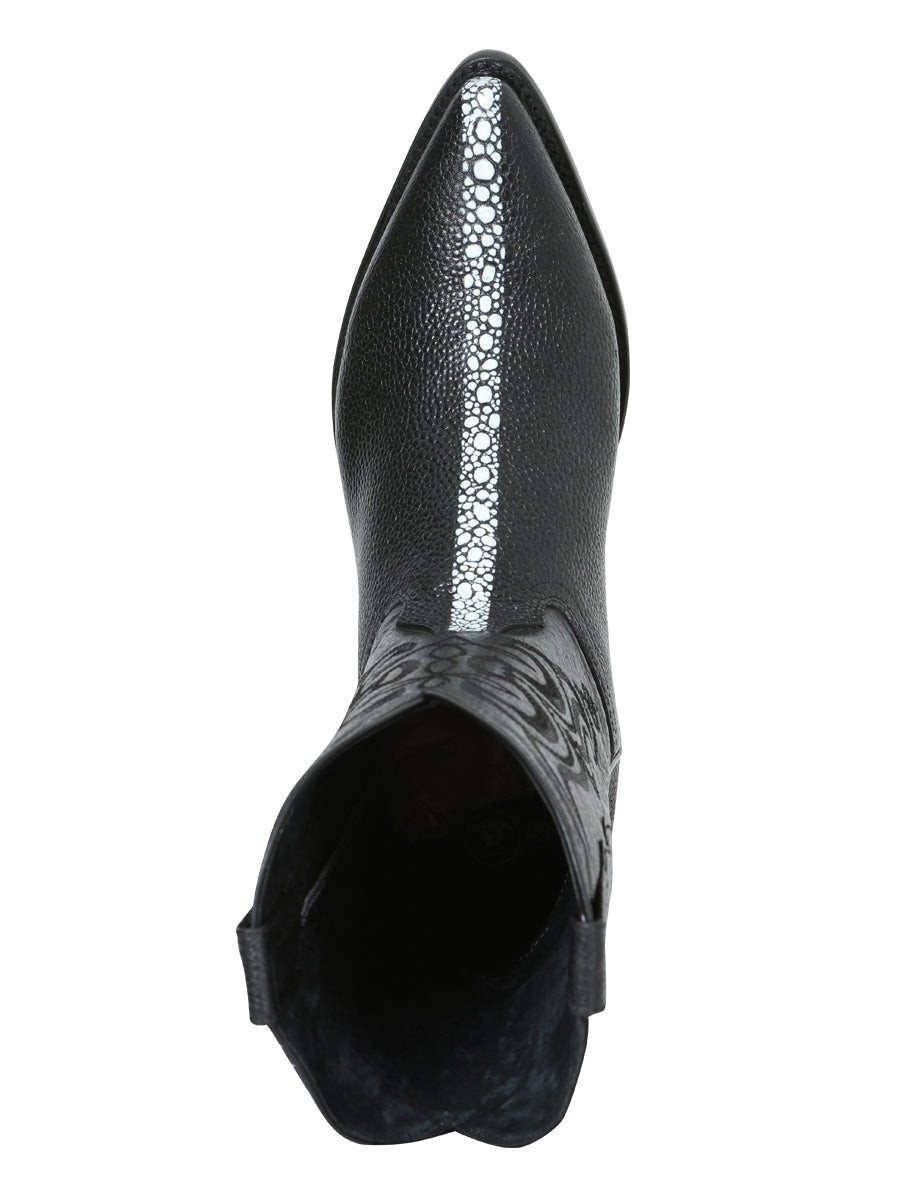 Men's Pointed Toe Leather Cowboy Boots Embossed Stingray Print - Black 41528