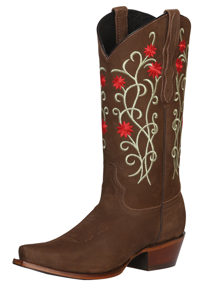 El General Women's Leather Western Cowboy Boot - Nubuck Brown 41789