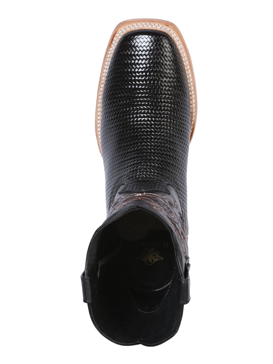 El General Men's Leather Cowboy Boot - Made in Mexico - Embossed Lizard Print - Black 41790