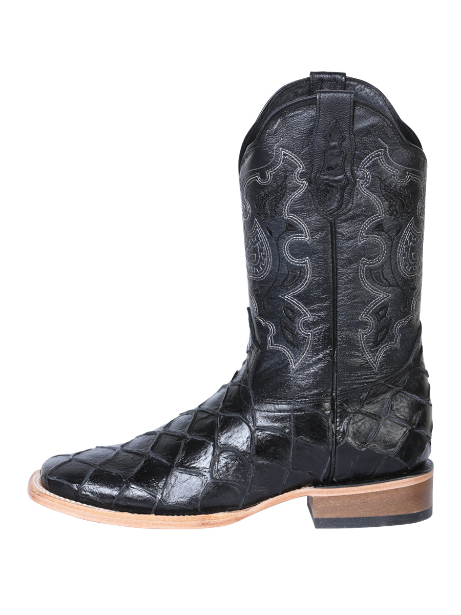 El General Men's Leather Cowboy Boot - Embossed Pirarucu Print - Black 41792