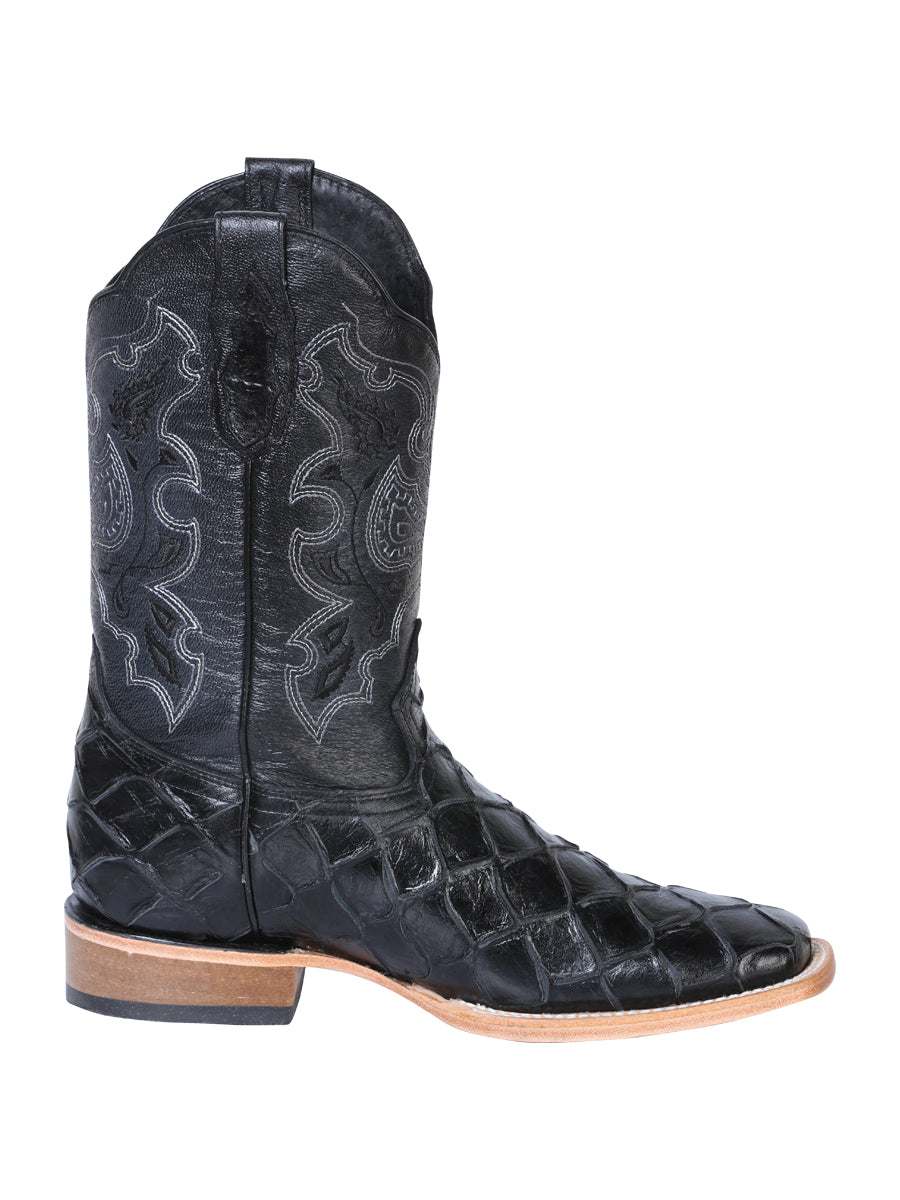 El General Men's Leather Cowboy Boot - Embossed Pirarucu Print - Black 41792