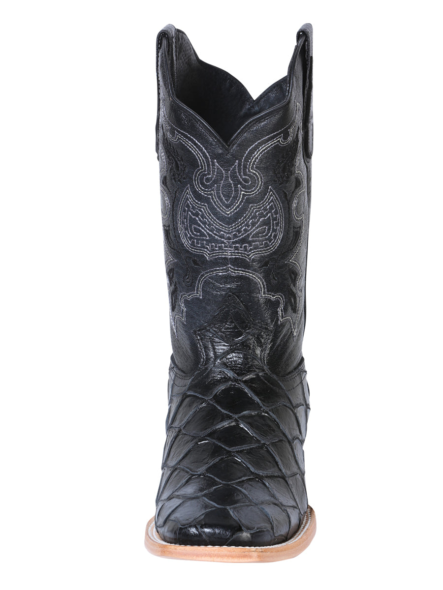 El General Men's Leather Cowboy Boot - Embossed Pirarucu Print - Black 41792