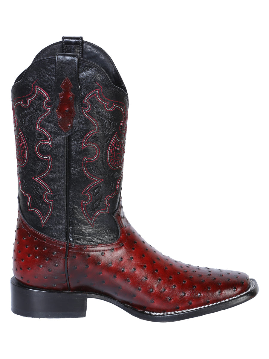El General Men's Leather Cowboy Boot - Made in Mexico - Embossed Ostrich Print - Black Cherry 41901