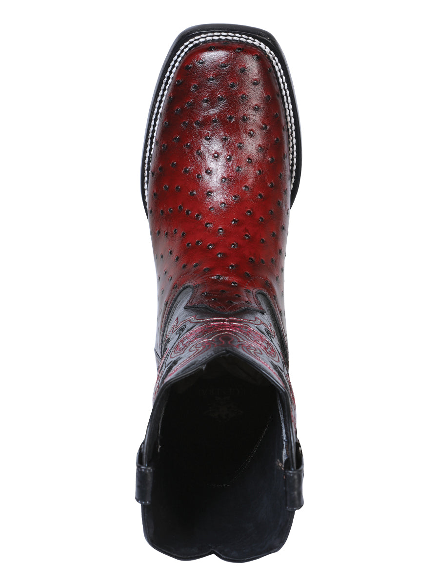El General Men's Leather Cowboy Boot - Made in Mexico - Embossed Ostrich Print - Black Cherry 41901