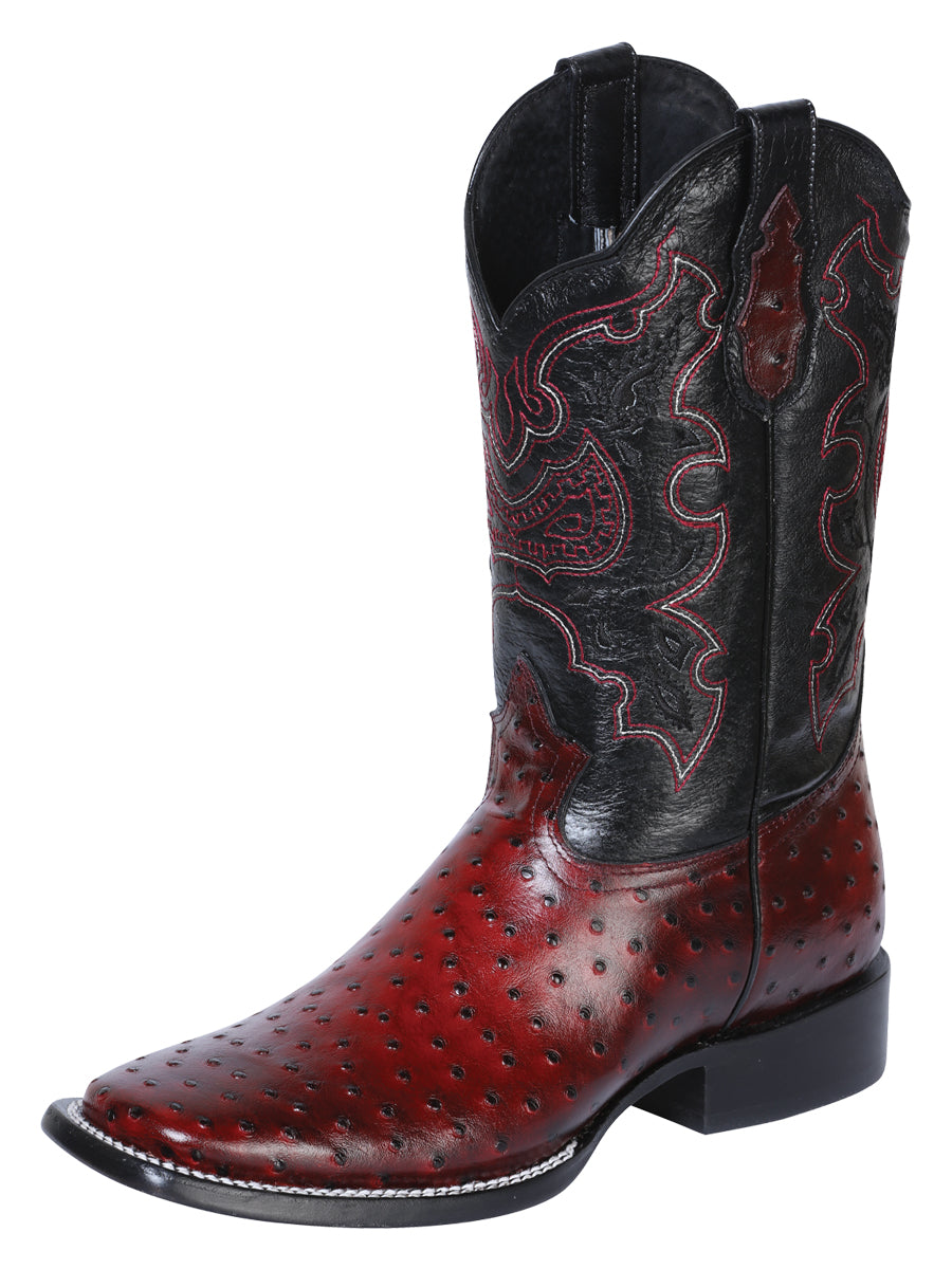 El General Men's Leather Cowboy Boot - Made in Mexico - Embossed Ostrich Print - Black Cherry 41901