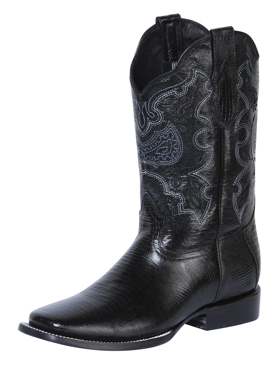 El General Men's Leather Cowboy Boot - Made in Mexico - Embossed Lizard Print - Black 41904