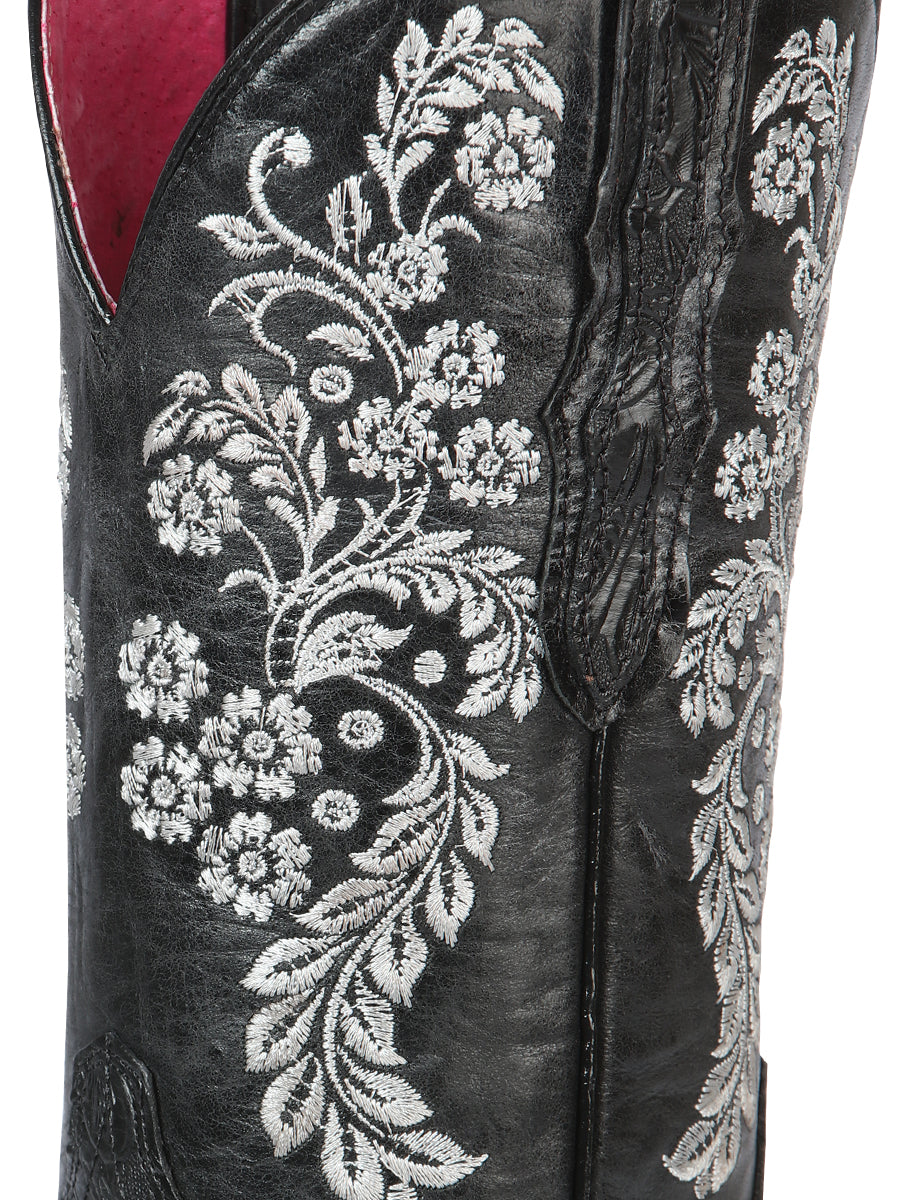 El General Women's Leather Cowgirl Boots - Made in Mexico - Embossed Roses Black 44636