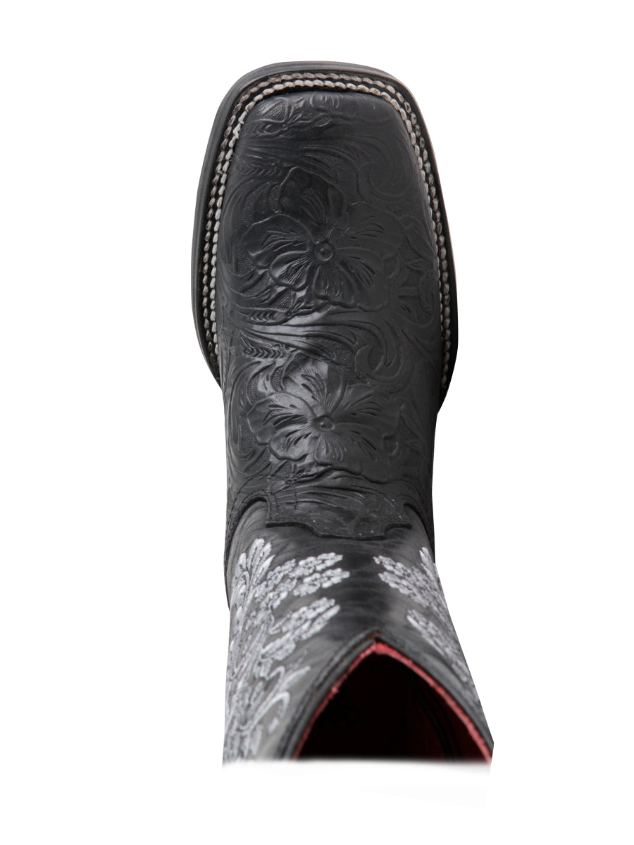 El General Women's Leather Cowgirl Boots - Made in Mexico - Embossed Roses Black 44636