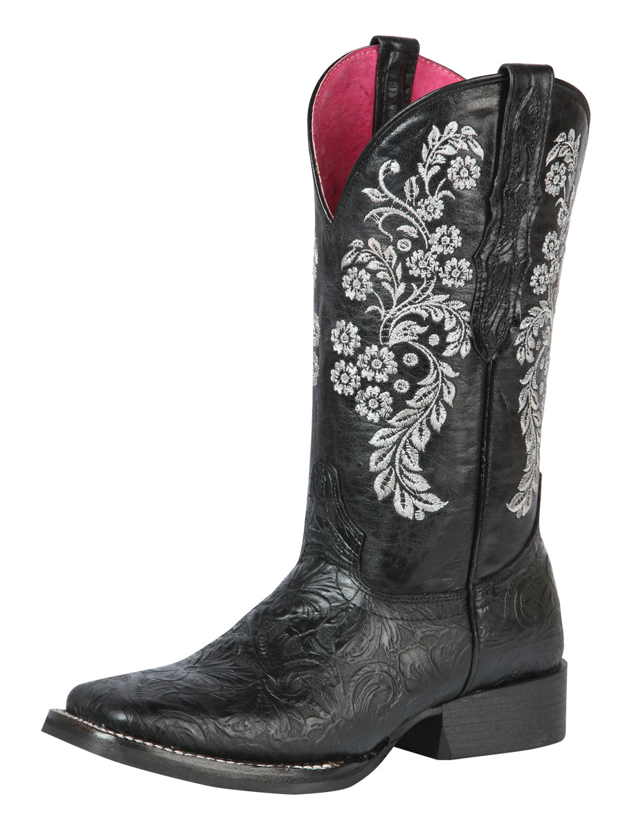 El General Women's Leather Cowgirl Boots - Made in Mexico - Embossed Roses Black 44636