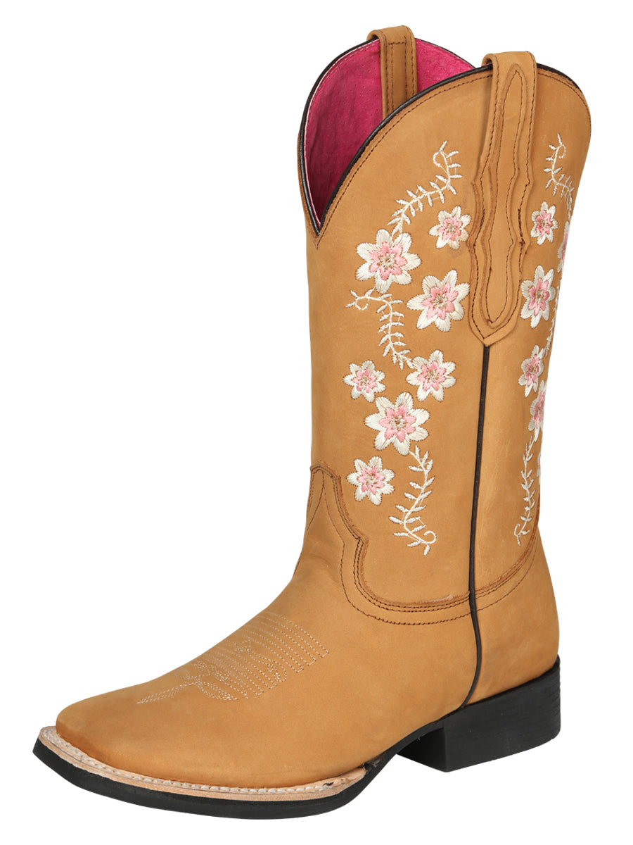 El General Women's Leather Cowgirl Boots - Made in Mexico - Nubuck Peach 44644