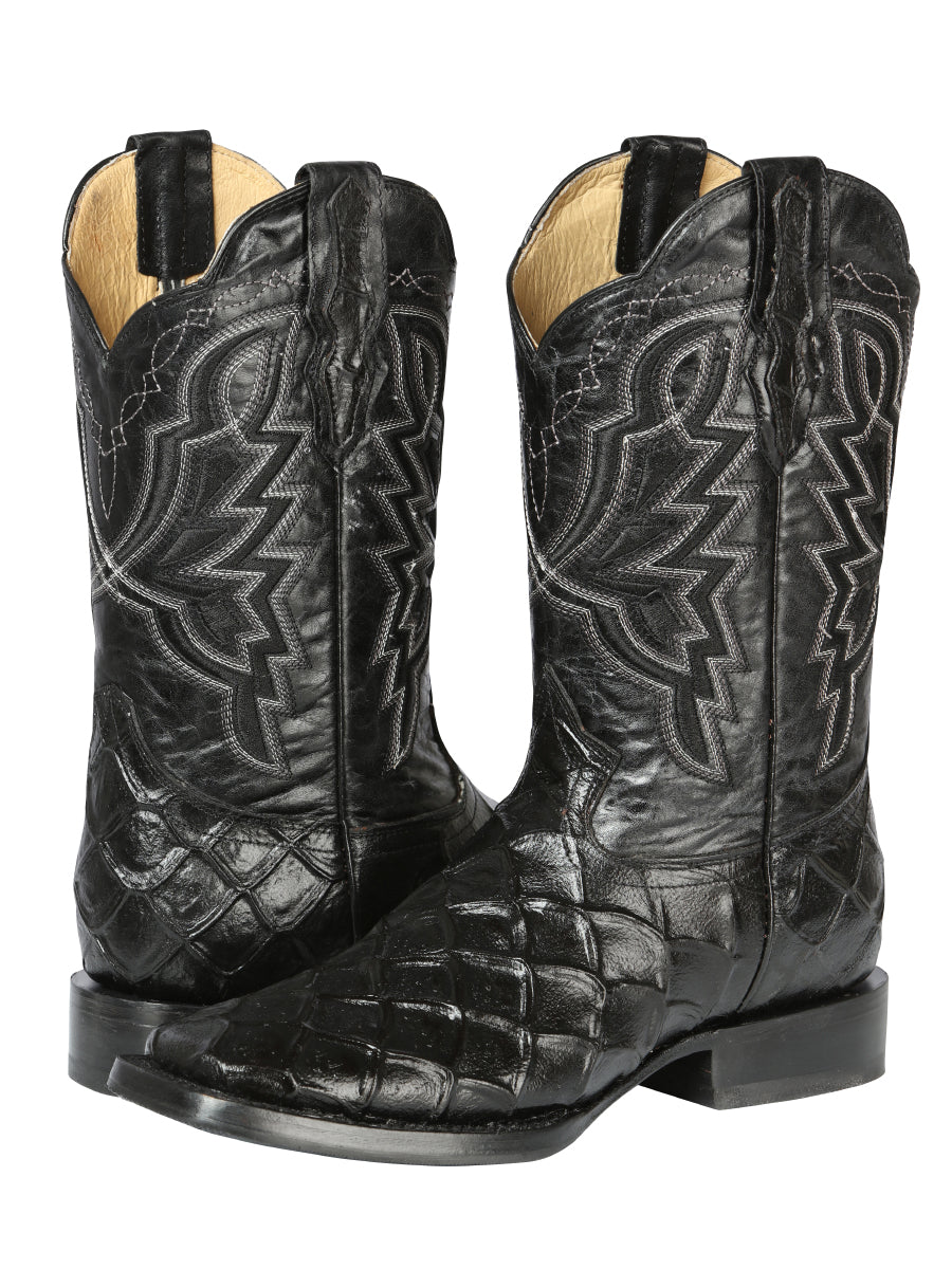 El General Men's Leather Cowboy Boot - Embossed Pirarucu Print - Black 44663