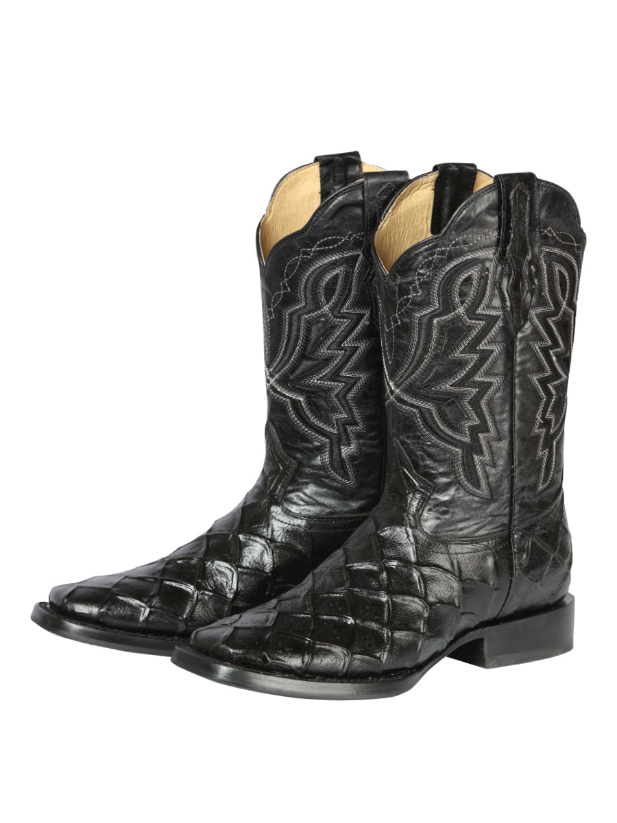 El General Men's Leather Cowboy Boot - Embossed Pirarucu Print - Black 44663