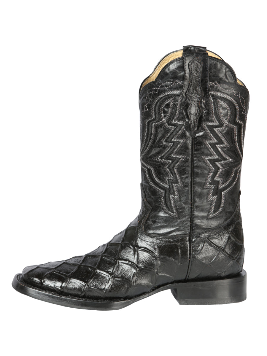 El General Men's Leather Cowboy Boot - Embossed Pirarucu Print - Black 44663