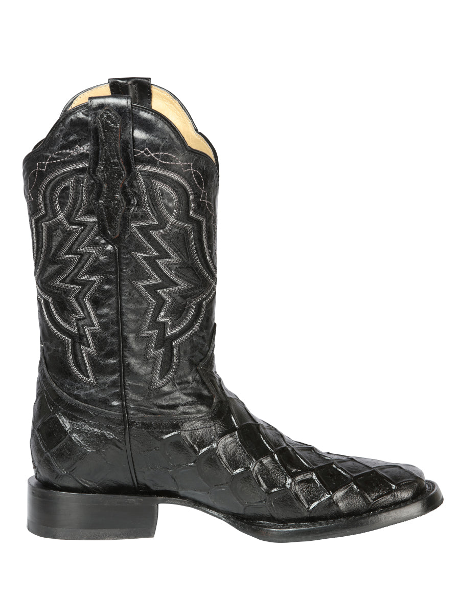 El General Men's Leather Cowboy Boot - Embossed Pirarucu Print - Black 44663