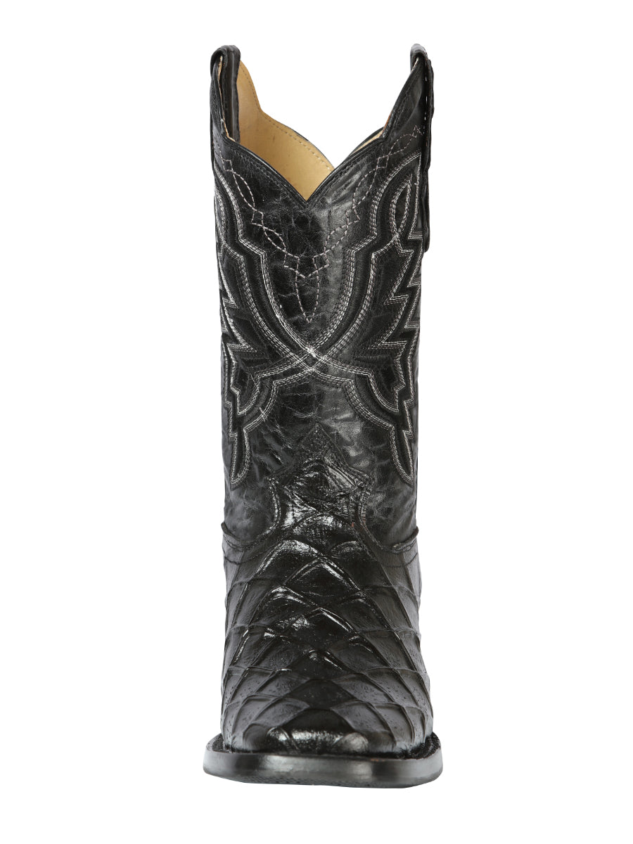 El General Men's Leather Cowboy Boot - Embossed Pirarucu Print - Black 44663