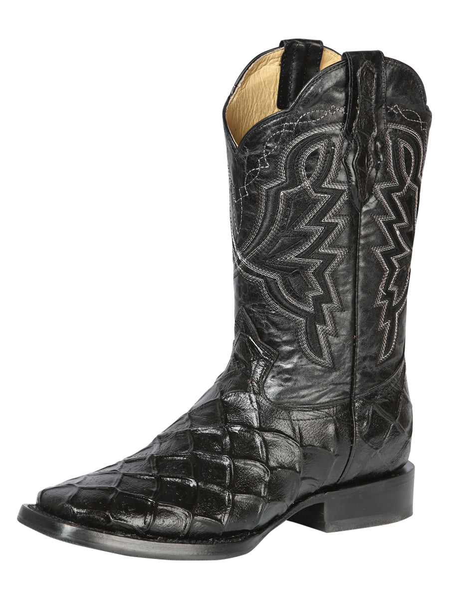 El General Men's Leather Cowboy Boot - Embossed Pirarucu Print - Black 44663