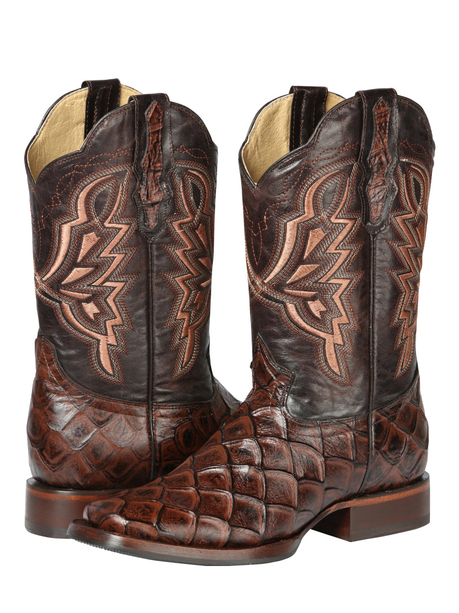 El General Men's Leather Cowboy Boot - Made in Mexico - Embossed Pirarucu Print - Brown 44664