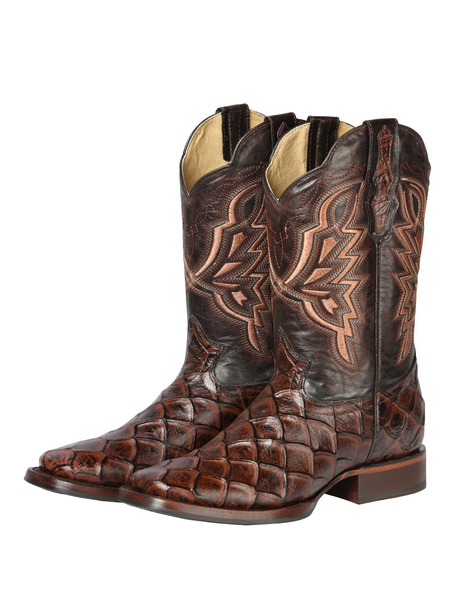 El General Men's Leather Cowboy Boot - Made in Mexico - Embossed Pirarucu Print - Brown 44664