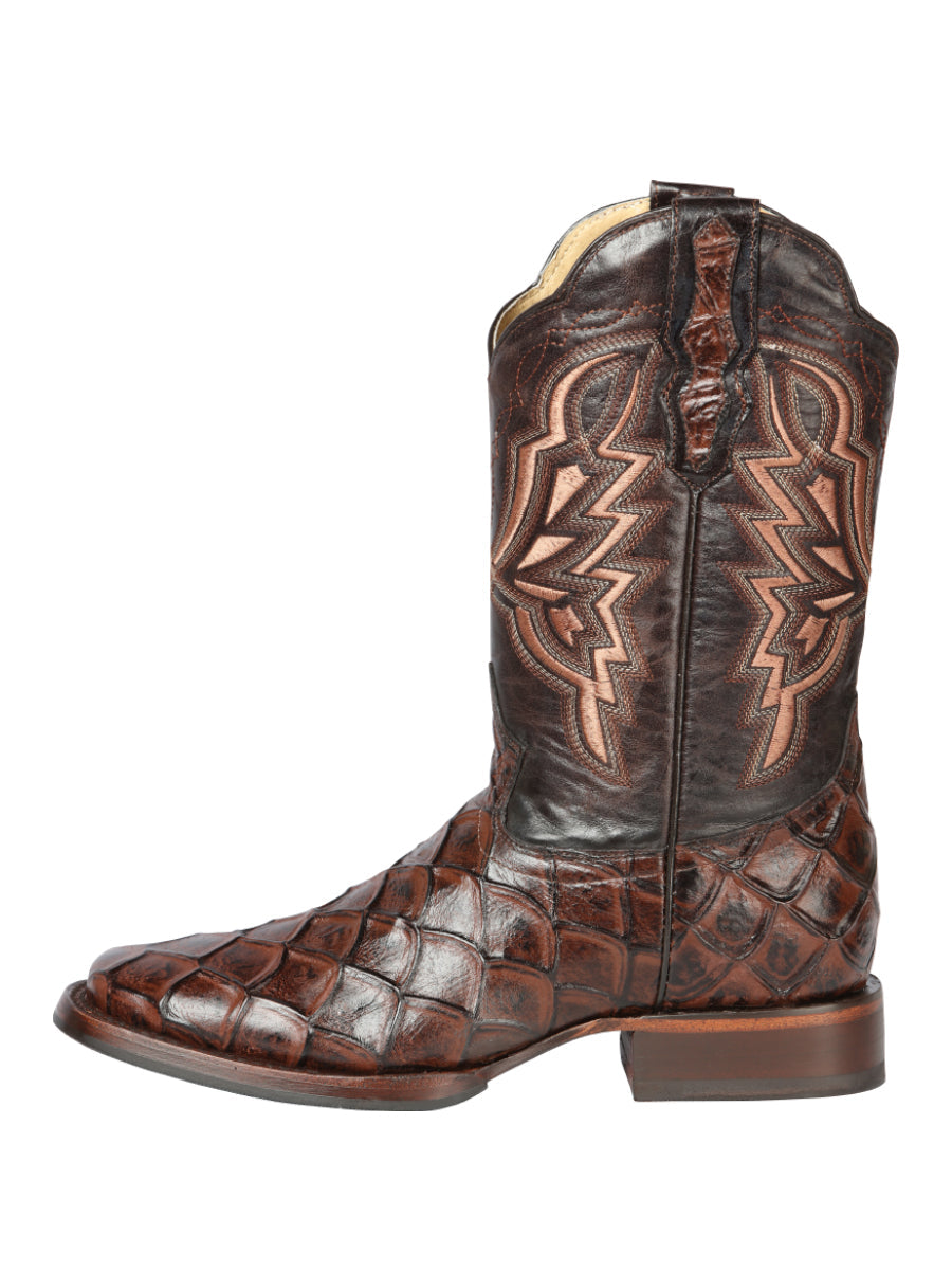 El General Men's Leather Cowboy Boot - Made in Mexico - Embossed Pirarucu Print - Brown 44664