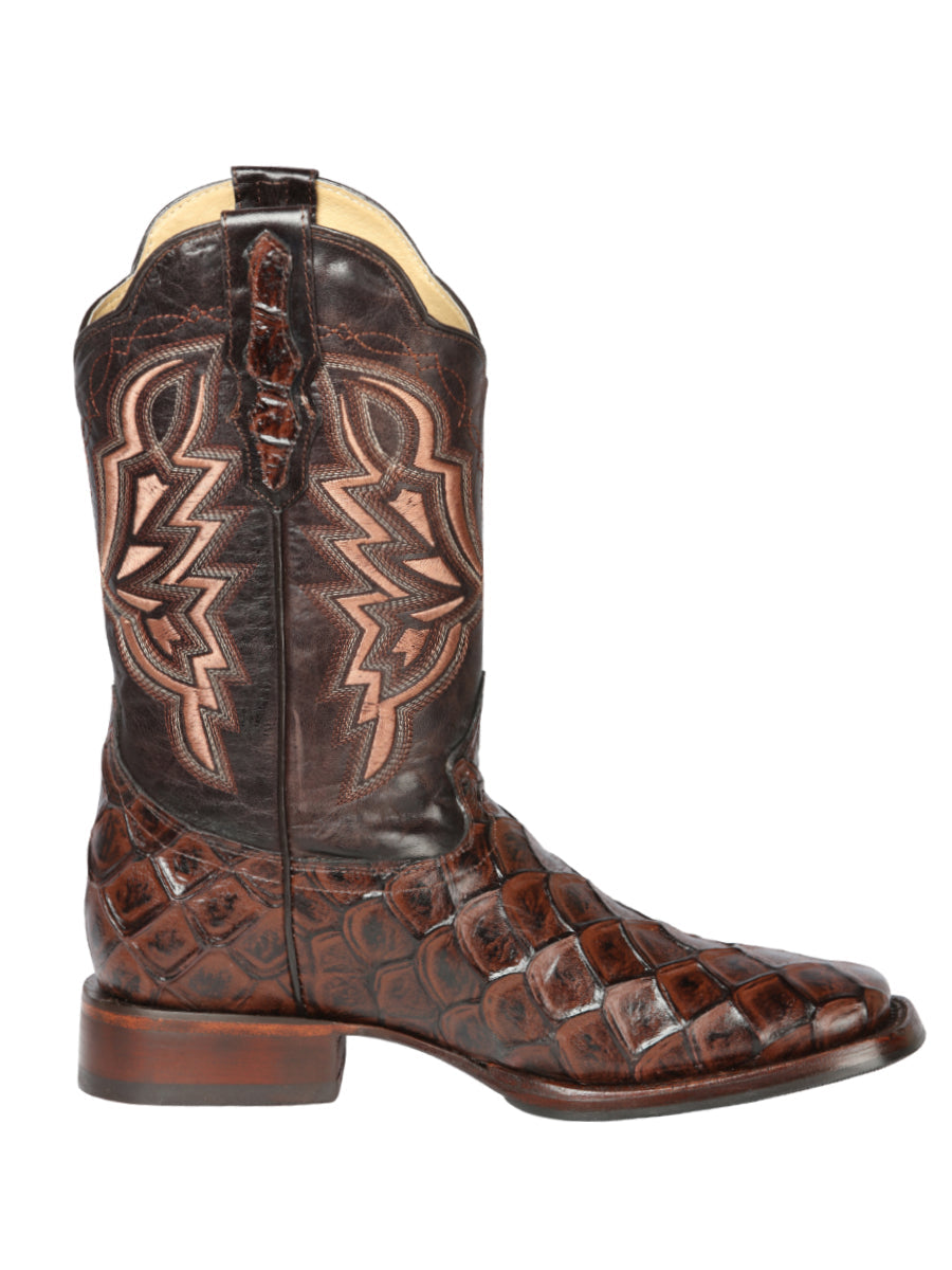 El General Men's Leather Cowboy Boot - Made in Mexico - Embossed Pirarucu Print - Brown 44664