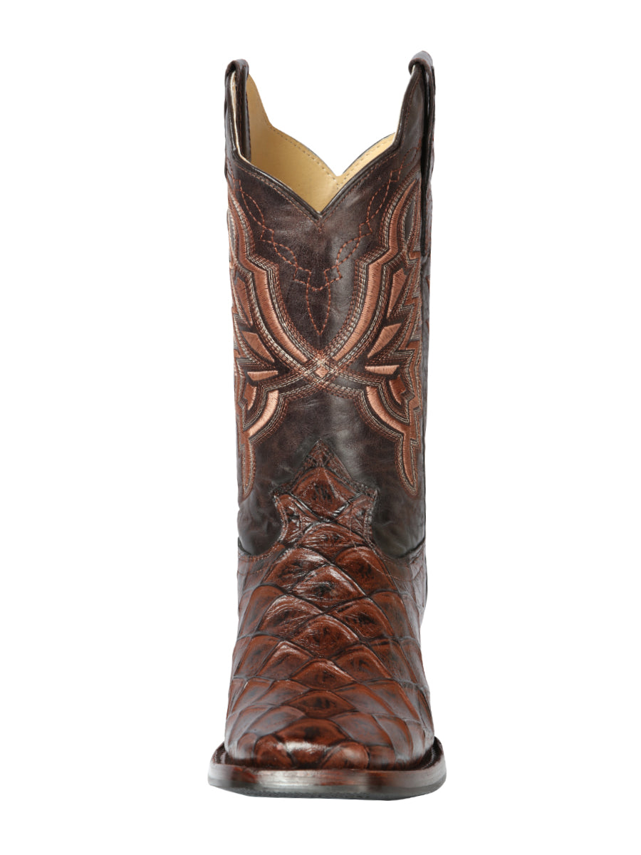 El General Men's Leather Cowboy Boot - Made in Mexico - Embossed Pirarucu Print - Brown 44664