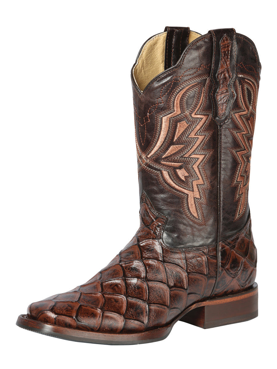 El General Men's Leather Cowboy Boot - Made in Mexico - Embossed Pirarucu Print - Brown 44664
