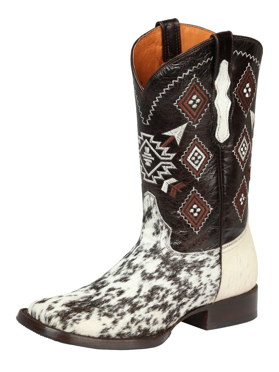 El General Men's Leather Cowboy Boots - Made in Mexico - White & Brown Cowhide 44862