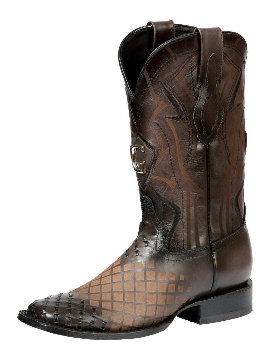 El General Men's Leather Cowboy Boots - Made in Mexico - Woven Lazer Pattern Gray 45172