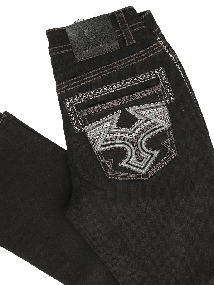 Centenario Men's Black Denim with Gray Embroidered Details 45311
