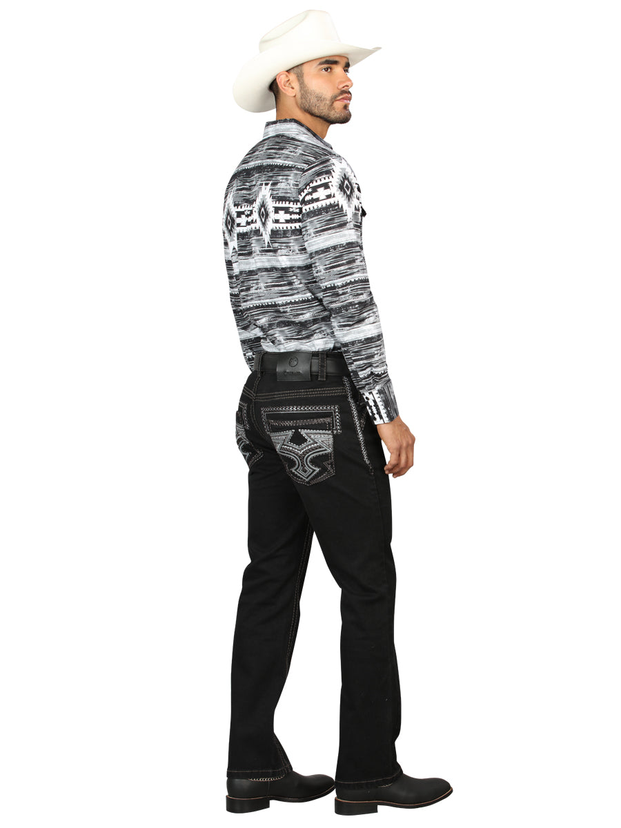 Centenario Men's Black Denim with Gray Embroidered Details 45311