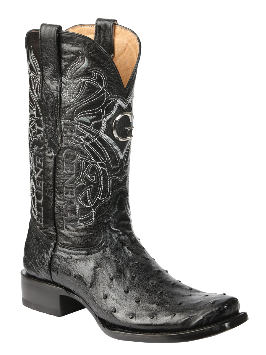 El General Men's Exotic Ostrich Leather Cowboy Boots - Black 45515