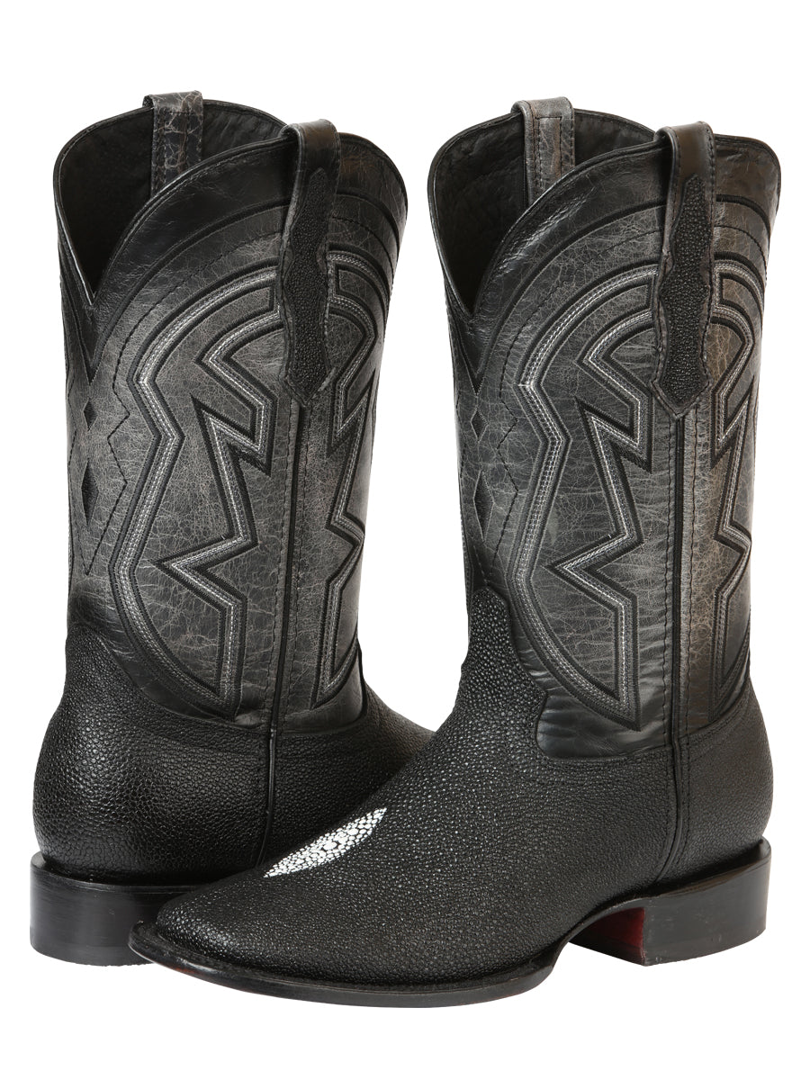El General Men's Leather Cowboy Boots - Embossed Stingray Print - Black 45566
