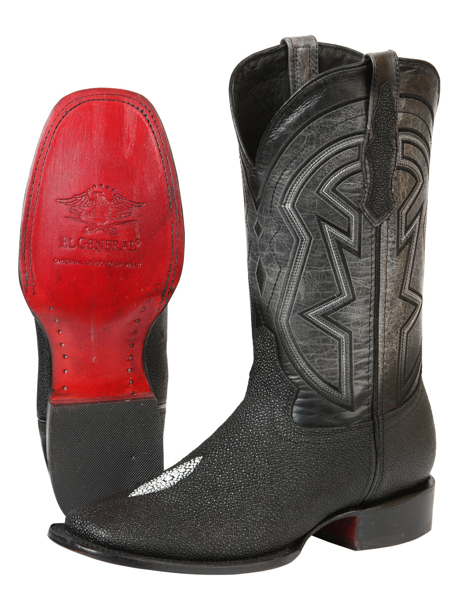 El General Men's Leather Cowboy Boots - Embossed Stingray Print - Black 45566