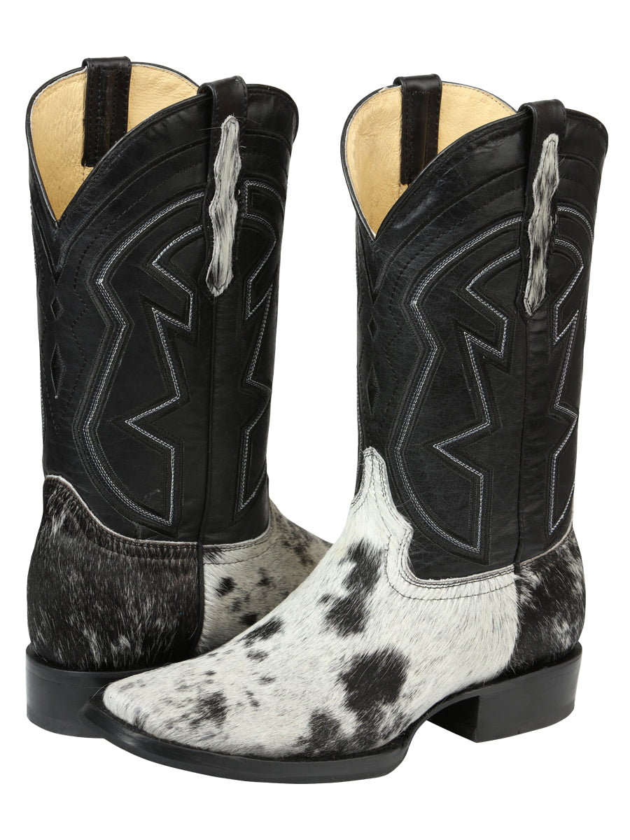 El General Men's Leather Cowboy Boot - Made in Mexico - Black/White Cowhide 45670