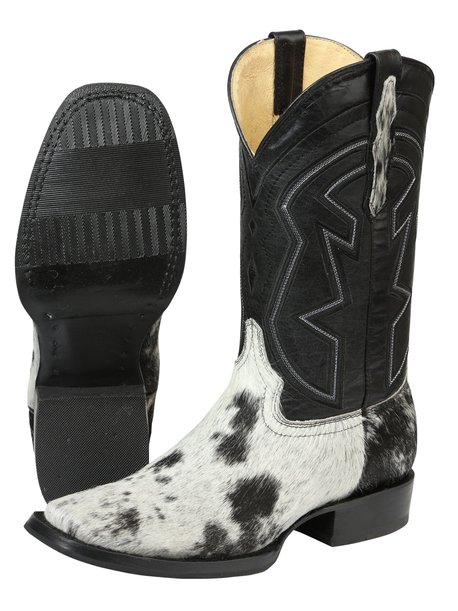 El General Men's Leather Cowboy Boot - Made in Mexico - Black/White Cowhide 45670