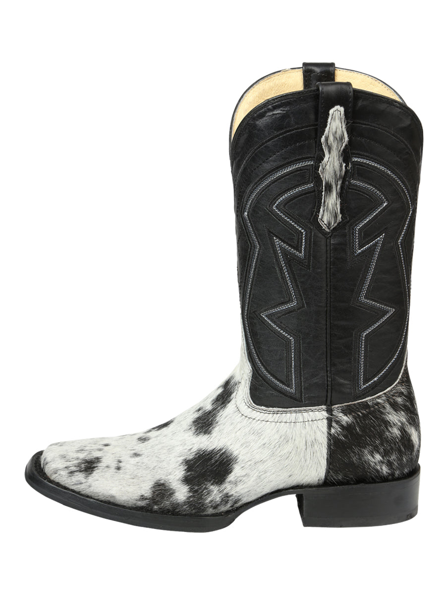 El General Men's Leather Cowboy Boot - Made in Mexico - Black/White Cowhide 45670