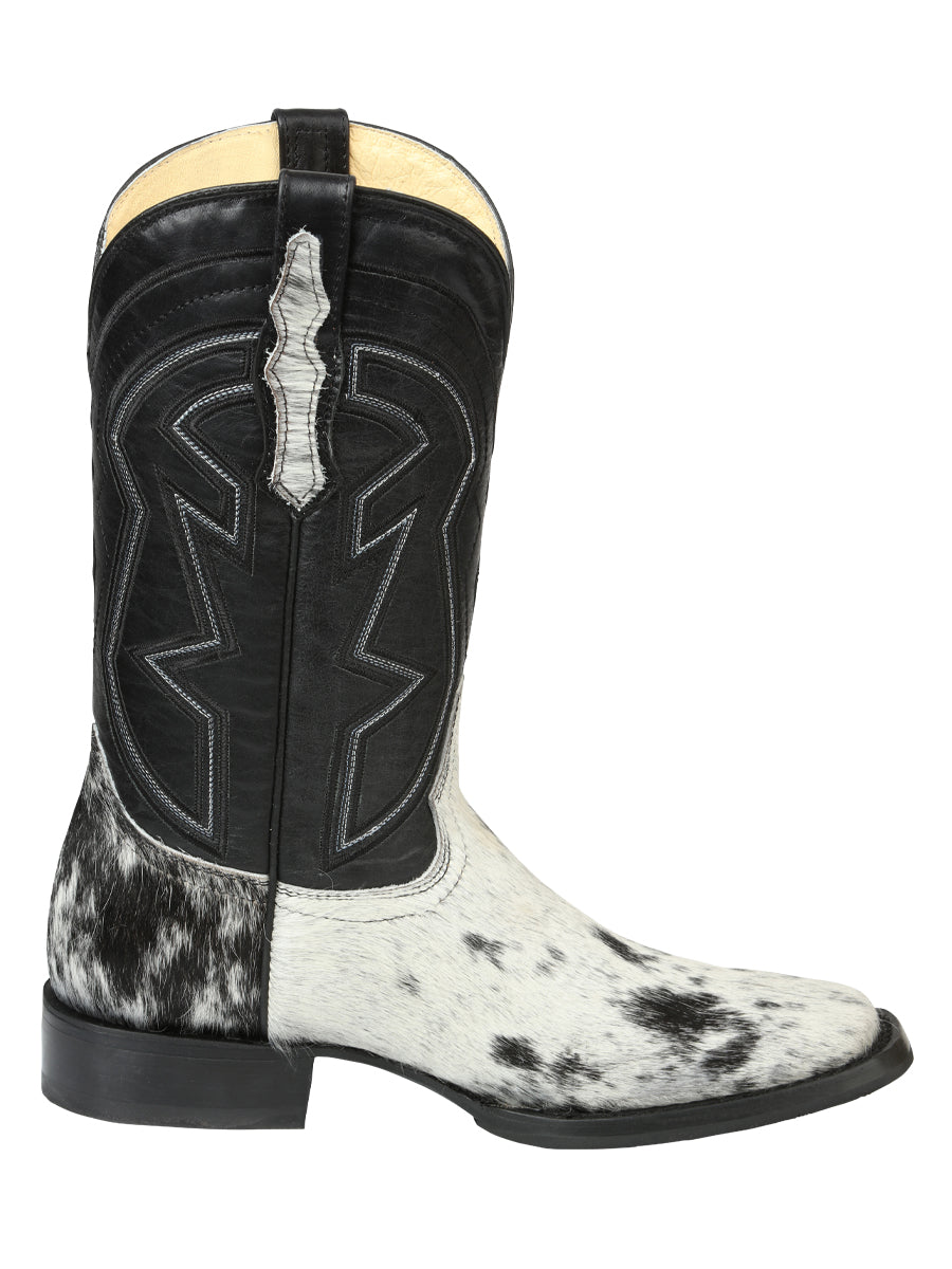El General Men's Leather Cowboy Boot - Made in Mexico - Black/White Cowhide 45670