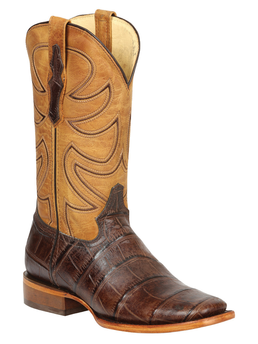 El General Men's Leather Cowboy Boots - Embossed Alligator Crocodile Print - Brown 45765