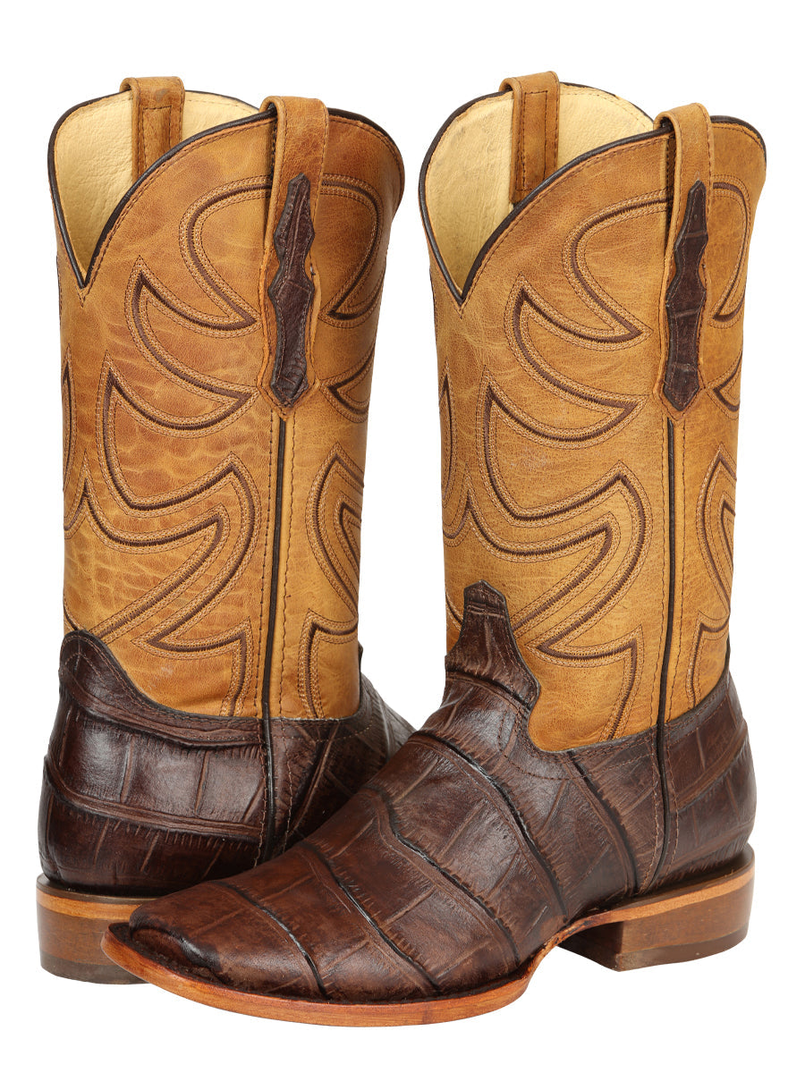 El General Men's Leather Cowboy Boots - Embossed Alligator Crocodile Print - Brown 45765